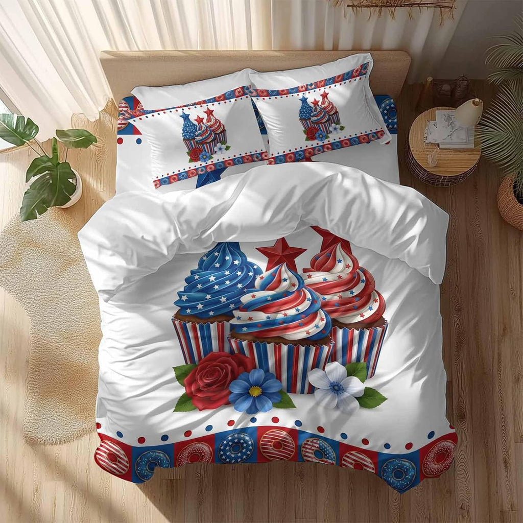Independence Day Cupcakes Duvet Cover Set Queen Size 4 Pieces 4th of July Red Blue White Star Rose Flower Bedding Set with Zipper Closure, 1 Comforter Cover 92x106 Inches 1 Flat Sheet & 2 Pillow Cases