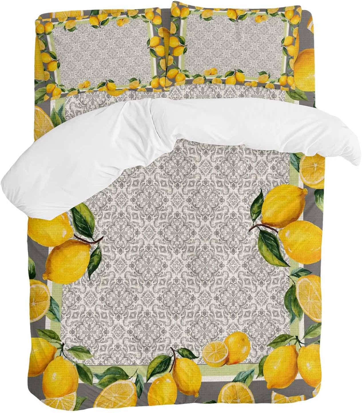 Yellow Lemon Duvet Cover Set Queen Size 4 Pieces Watercolor Fruit Farm Brown Flower Pattern Background Bedding Set with Zipper Closure, 1 Comforter Cover 86x86 Inches 1 Flat Sheet & 2 Pillow Cases