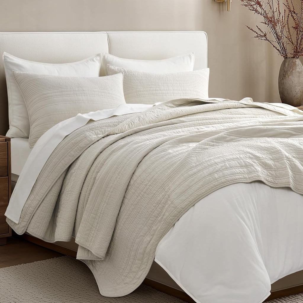 EVERGRACEHOME 100% Cotton Modern Lines Quilt Set Oversized King, Pre-Washed Soft Striped Coverlet Bedspread, 3 Piece Lightweight Bedding Set for All Season, with 2 Pillow Shams, Birch
