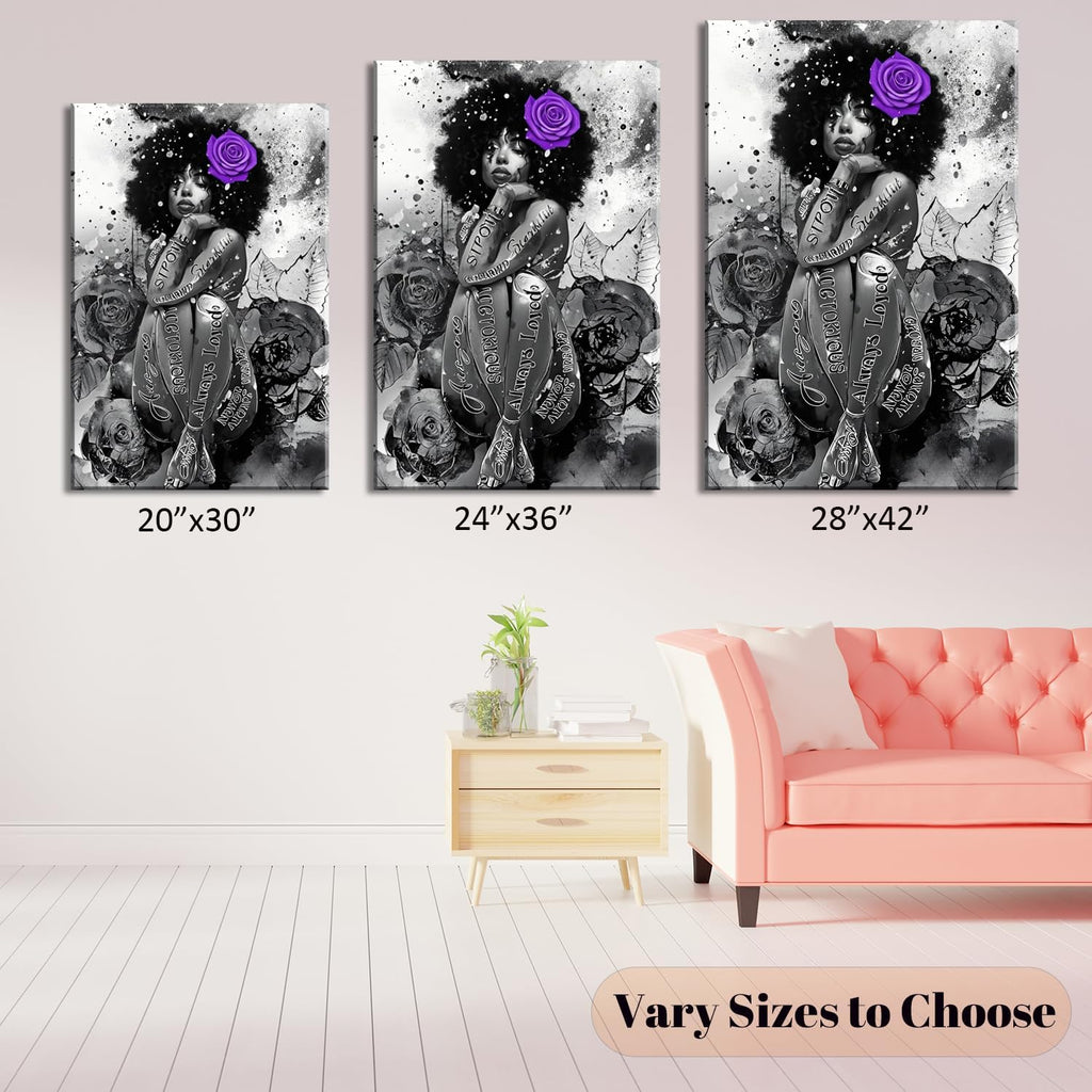 ZHIYYHAO Black and White Black Girl Wearing Purple Rose On Head Yoga Wall Decor Framed Modern Artwork Unique Gift Idea for Women Girls and Art Lovers （AW-11，42.00L X28.00W''）