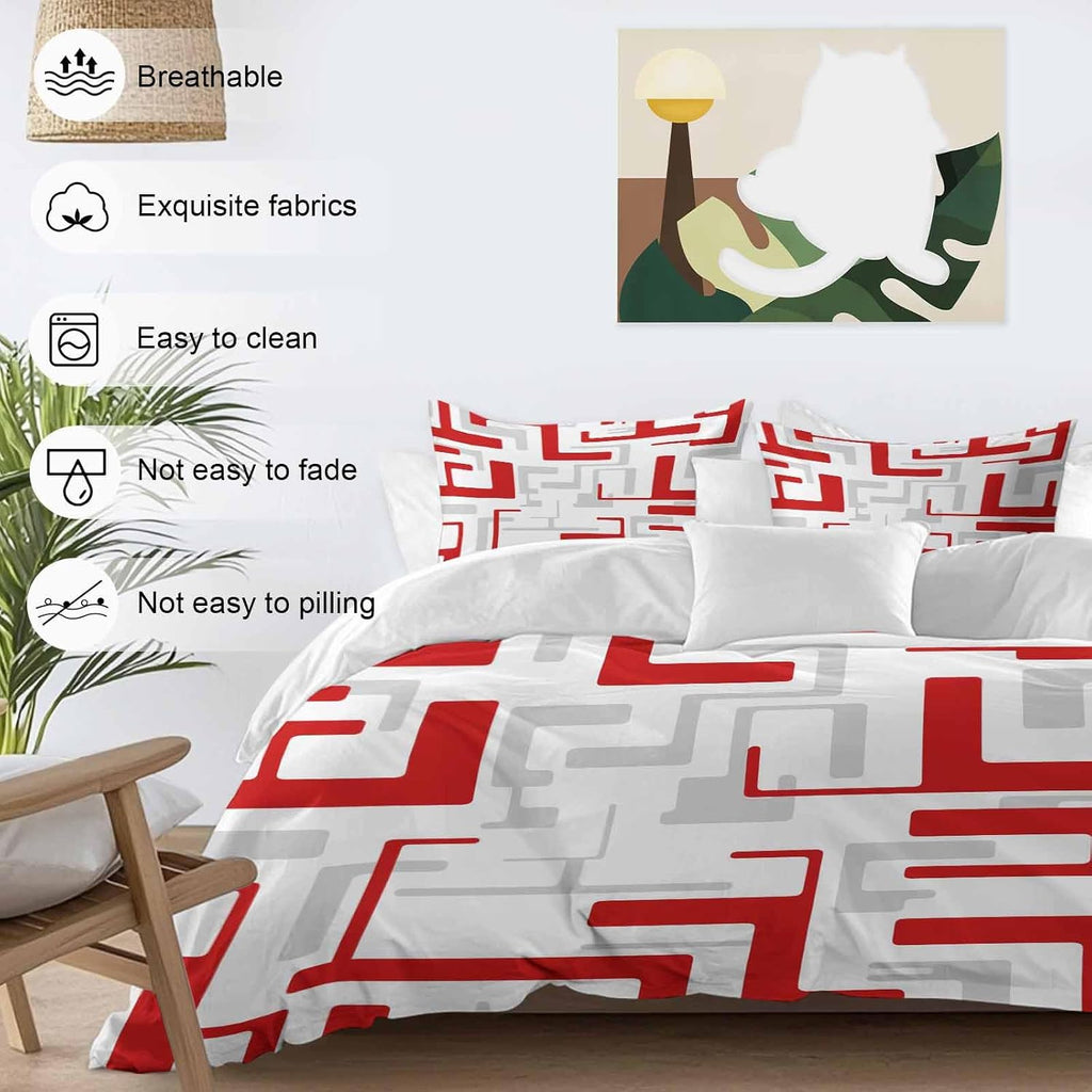 Prime Leader Red Gray Geometric Stripes Duvet Cover Set Queen Size 4 Pieces Modern Abstract Lines Maze Bedding Set with Zipper Closure, 1 Comforter Cover 90x92 Inches 1 Flat Sheet & 2 Pillow Cases