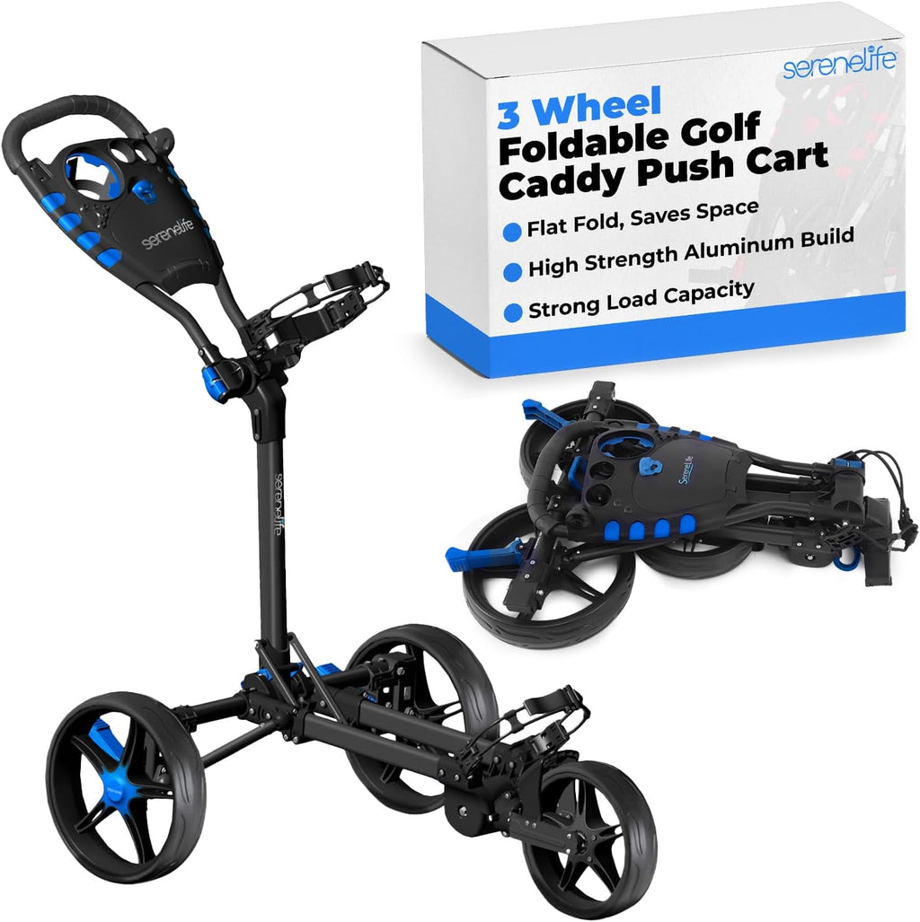 SereneLife Golf Push Pull Cart – Lightweight, Foldable, Bag Holder with Adjustable Handle, Caddy Accessories, Compact Folding Golf Trolley for Travel