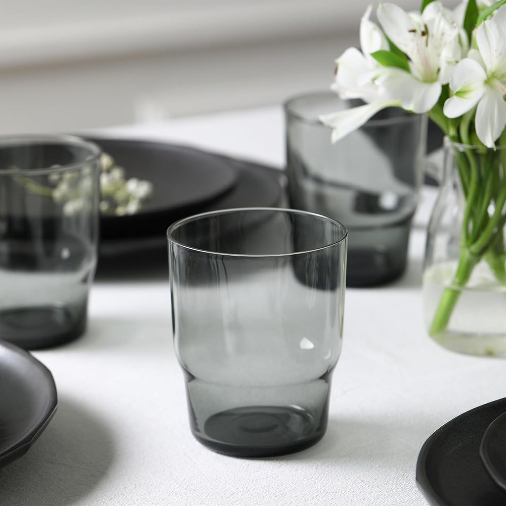 Stone Lain Rio Stoneware 32 Piece Dinnerware Set, Plates and Bowls Sets, Black Dish Set for 8 with Fluted Colored Glass Cups, Microwave & Dishwasher Safe