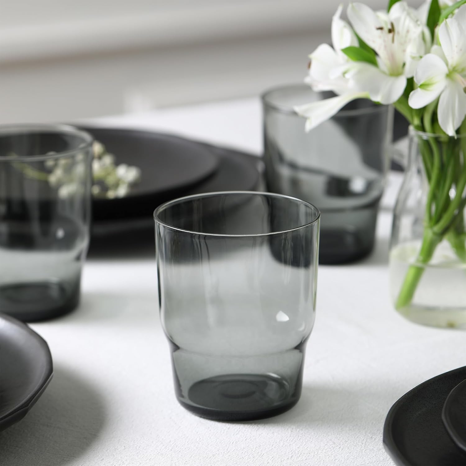 Stone Lain Rio Stoneware 32 Piece Dinnerware Set, Plates and Bowls Sets, Black Dish Set for 8 with Fluted Colored Glass Cups, Microwave & Dishwasher Safe