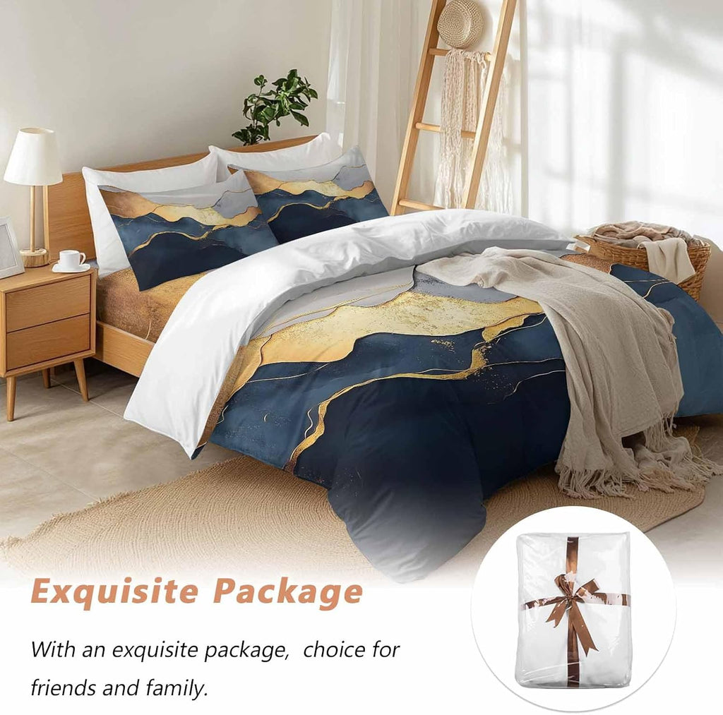 Prime Leader Abstract Impressionist Style Duvet Cover Set Queen Size 4 Pieces Gold Navy Blue Color Block Bedding Set with Zipper Closure, 1 Comforter Cover 86x86 Inches 1 Flat Sheet & 2 Pillow Cases