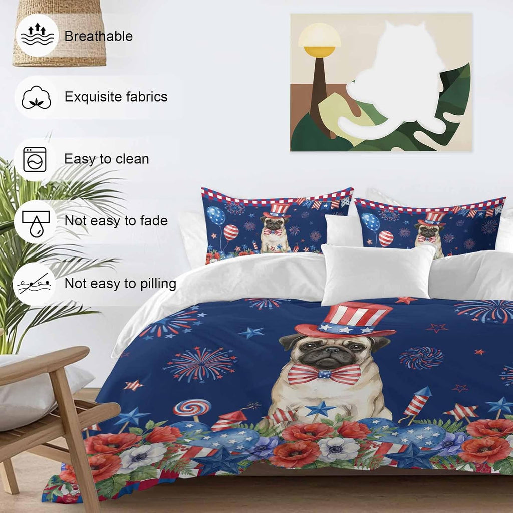 Independence Day Duvet Cover Set Queen Size 4 Pieces Cartoon Pug Dog Cute Puppy Colorful Poppy Bedding Set with Zipper Closure, 1 Comforter Cover 86x86 Inches 1 Flat Sheet & 2 Pillow Cases