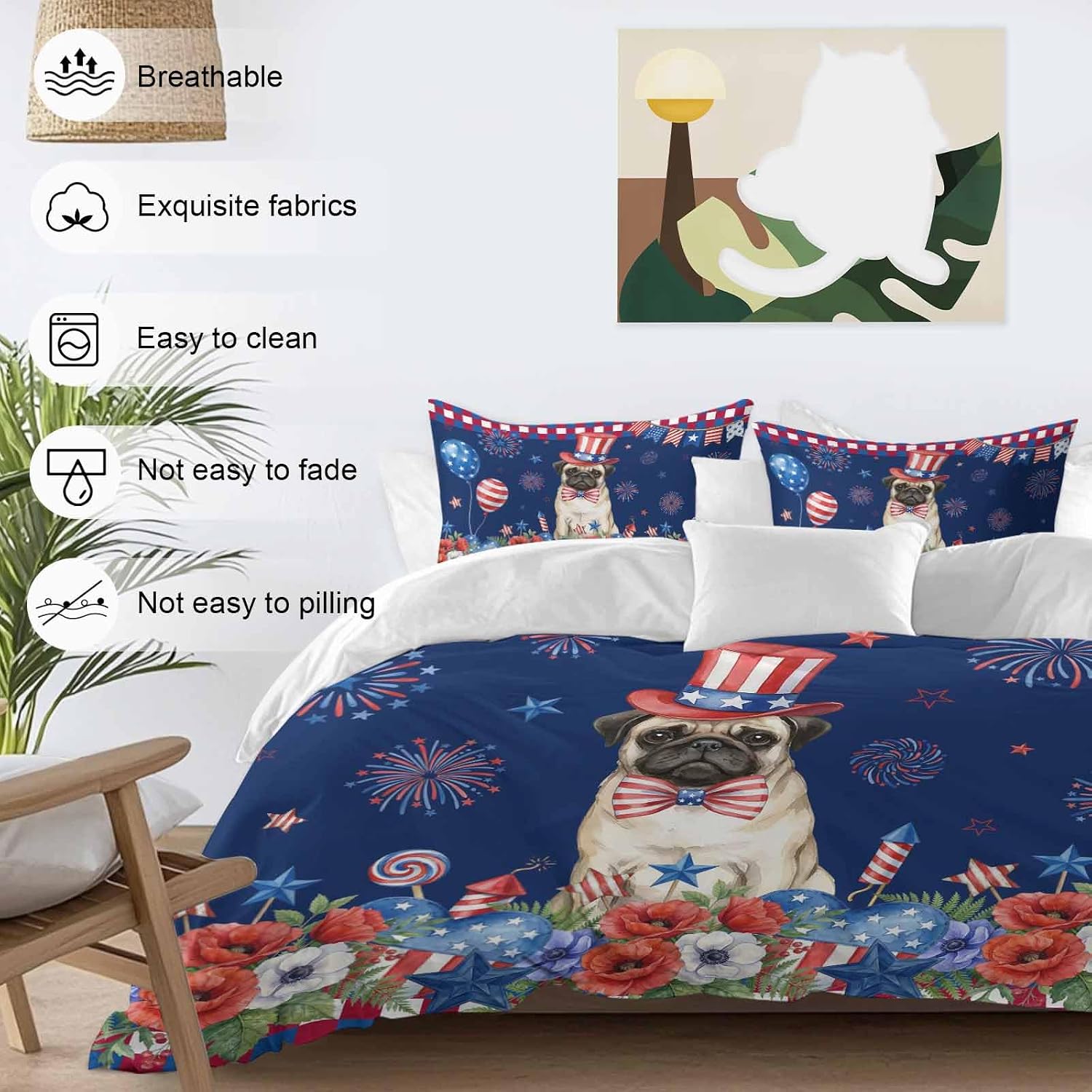 Independence Day Duvet Cover Set Queen Size 4 Pieces Cartoon Pug Dog Cute Puppy Colorful Poppy Bedding Set with Zipper Closure, 1 Comforter Cover 86x86 Inches 1 Flat Sheet & 2 Pillow Cases