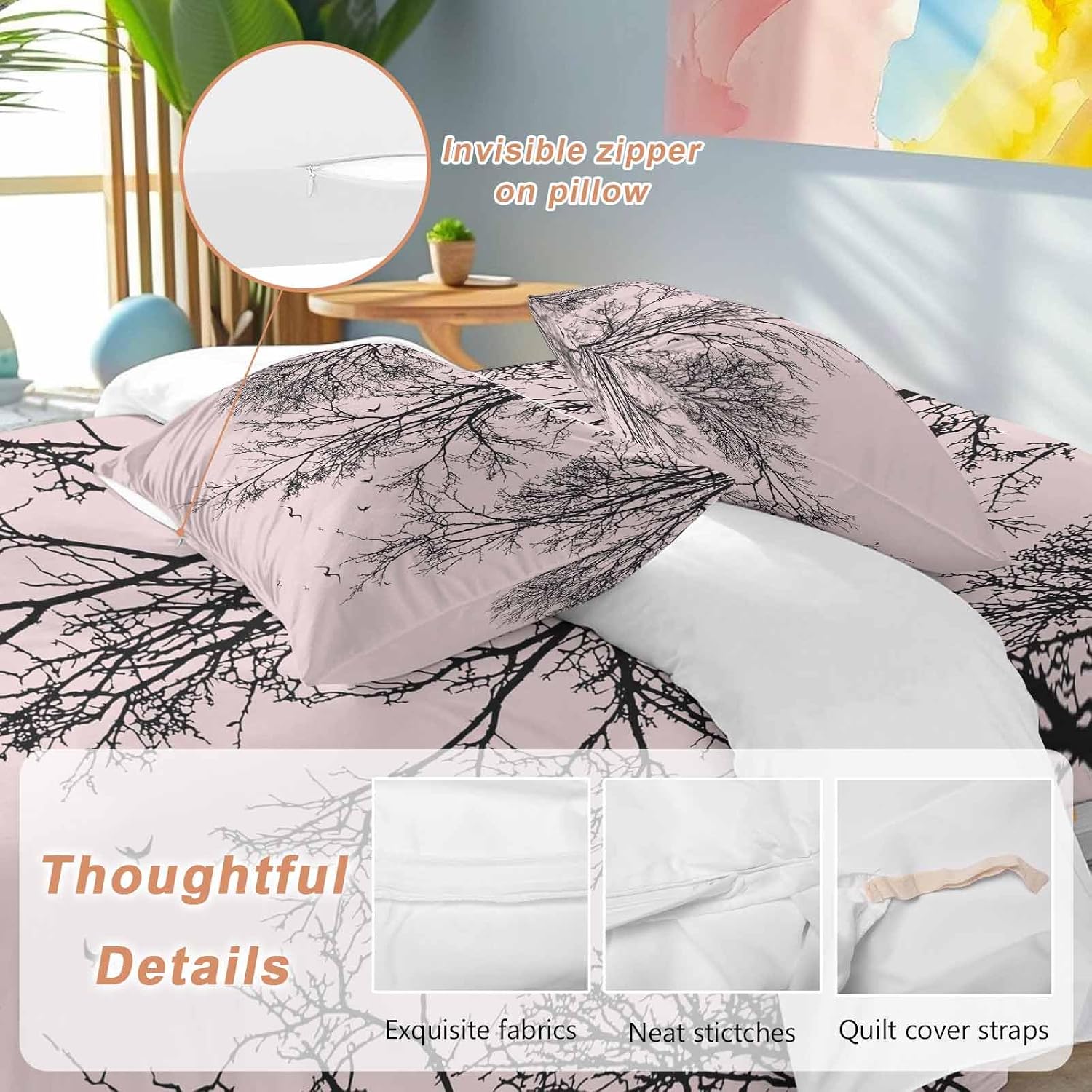 Prime Leader Tree Branches Bird Duvet Cover Set Queen Size 4 Pieces Pink Background Black Deadwood Bedding Set with Zipper Closure, 1 Comforter Cover 86x86 Inches 1 Flat Sheet & 2 Pillow Cases