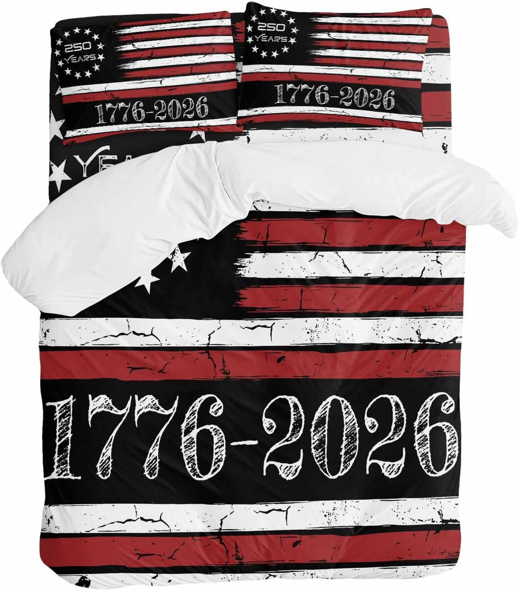 4th of July Duvet Cover Set Queen Size 4 Pieces 250 Years Independence Day Red Black USA Flag Stripe Bedding Set with Zipper Closure, 1 Comforter Cover 92x106 Inches 1 Flat Sheet & 2 Pillow Cases