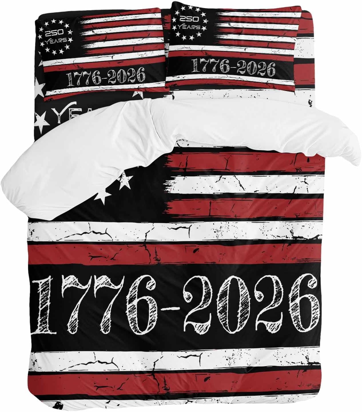 4th of July Duvet Cover Set Queen Size 4 Pieces 250 Years Independence Day Red Black USA Flag Stripe Bedding Set with Zipper Closure, 1 Comforter Cover 92x106 Inches 1 Flat Sheet & 2 Pillow Cases