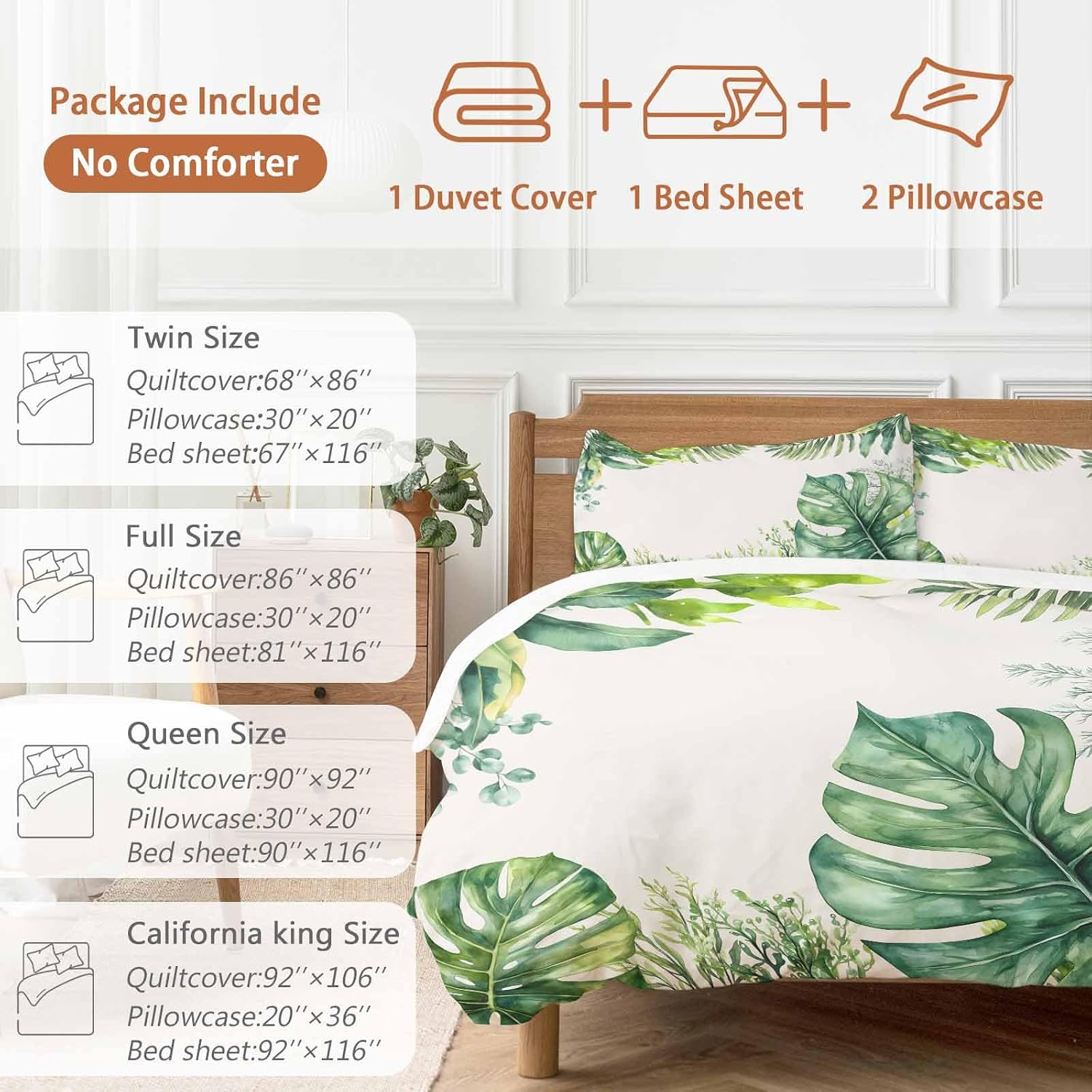 Tropical Leaf Duvet Cover Set Queen Size 4 Pieces Palms Monstera Leaves Green Plant Botanical Bedding Set with Zipper Closure, 1 Comforter Cover 90x92 Inches 1 Flat Sheet & 2 Pillow Cases