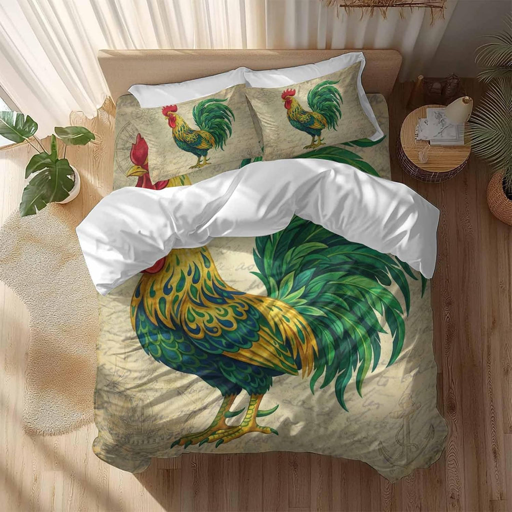 Prime Leader Retro Chicken Duvet Cover Set Queen Size 4 Pieces Farm Rooster Vintage Paper Country Animal Bedding Set with Zipper Closure, 1 Comforter Cover 86x86 Inches 1 Flat Sheet & 2 Pillow Cases