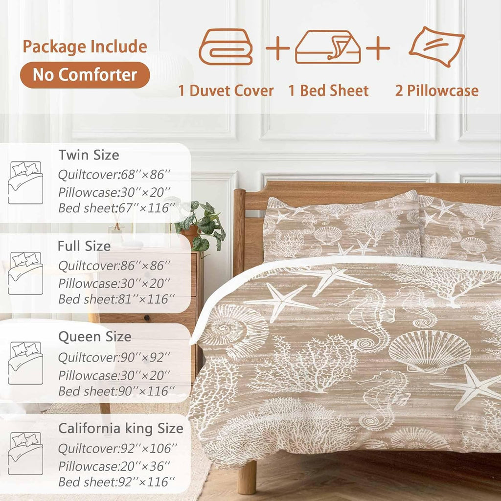 Prime Leader Brown Coastal Duvet Cover Set Queen Size 4 Pieces Nautical Starfish Seahorse Coral Summer Bedding Set with Zipper Closure, 1 Comforter Cover 90x92 Inches 1 Flat Sheet & 2 Pillow Cases