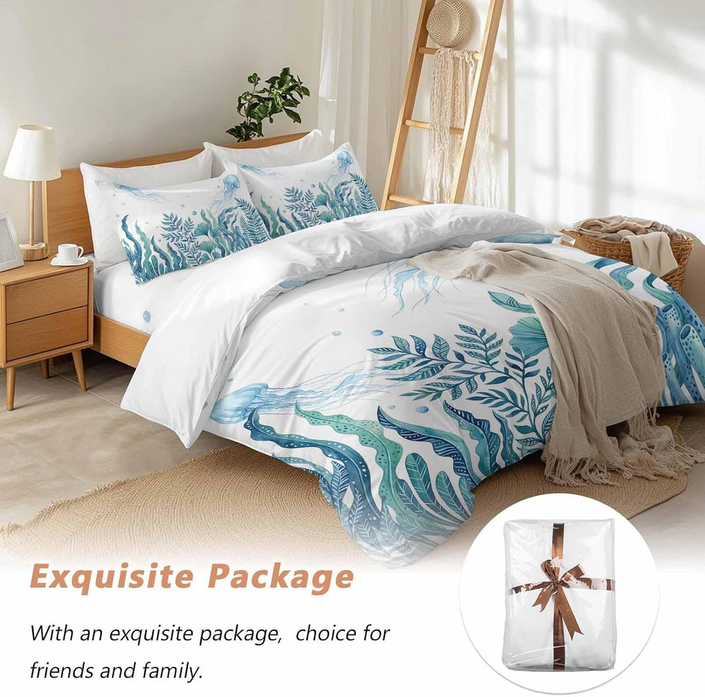 Prime Leader Blue Summer Ocean Duvet Cover Set Queen Size 4 Pieces Jellyfish Seaweed Watercolor Coastal Bedding Set with Zipper Closure, 1 Comforter Cover 90x92 Inches 1 Flat Sheet & 2 Pillow Cases