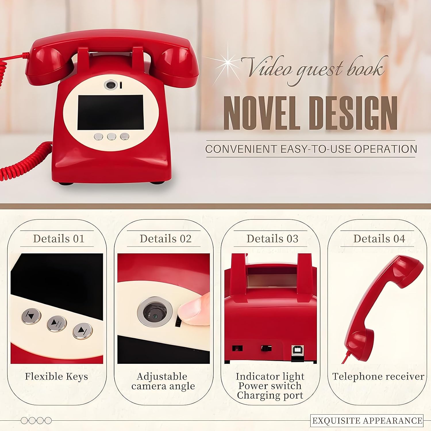 Creative Video Audio Guest Book, 32G 1080P HD Vintage Wedding Phone Guestbook, Preserve Your Special Occasions, Ideal for Wedding Birthday, Graduations, Baby Shower(Red)
