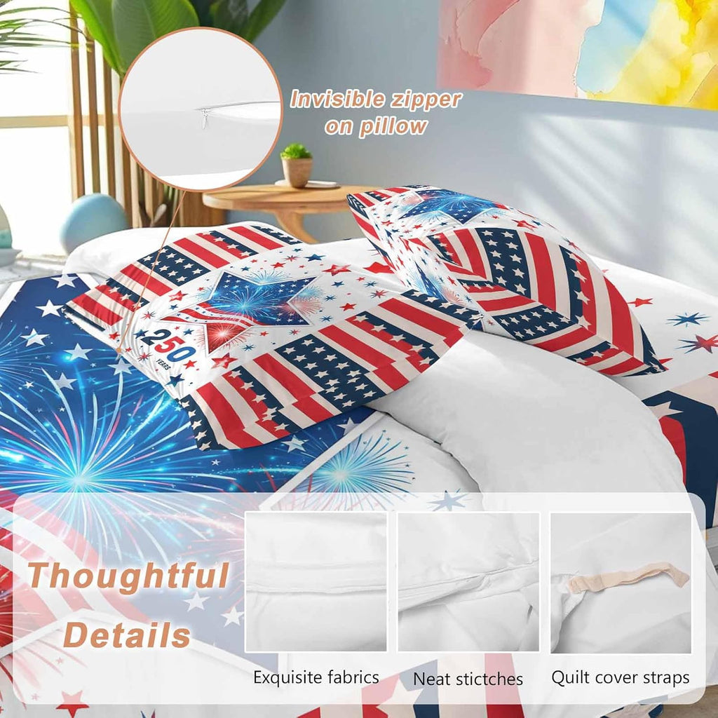 Independence Day Duvet Cover Set Queen Size 4 Pieces 250th Years US Flag Red Blue Star Fireworks Bedding Set with Zipper Closure, 1 Comforter Cover 90x92 Inches 1 Flat Sheet & 2 Pillow Cases