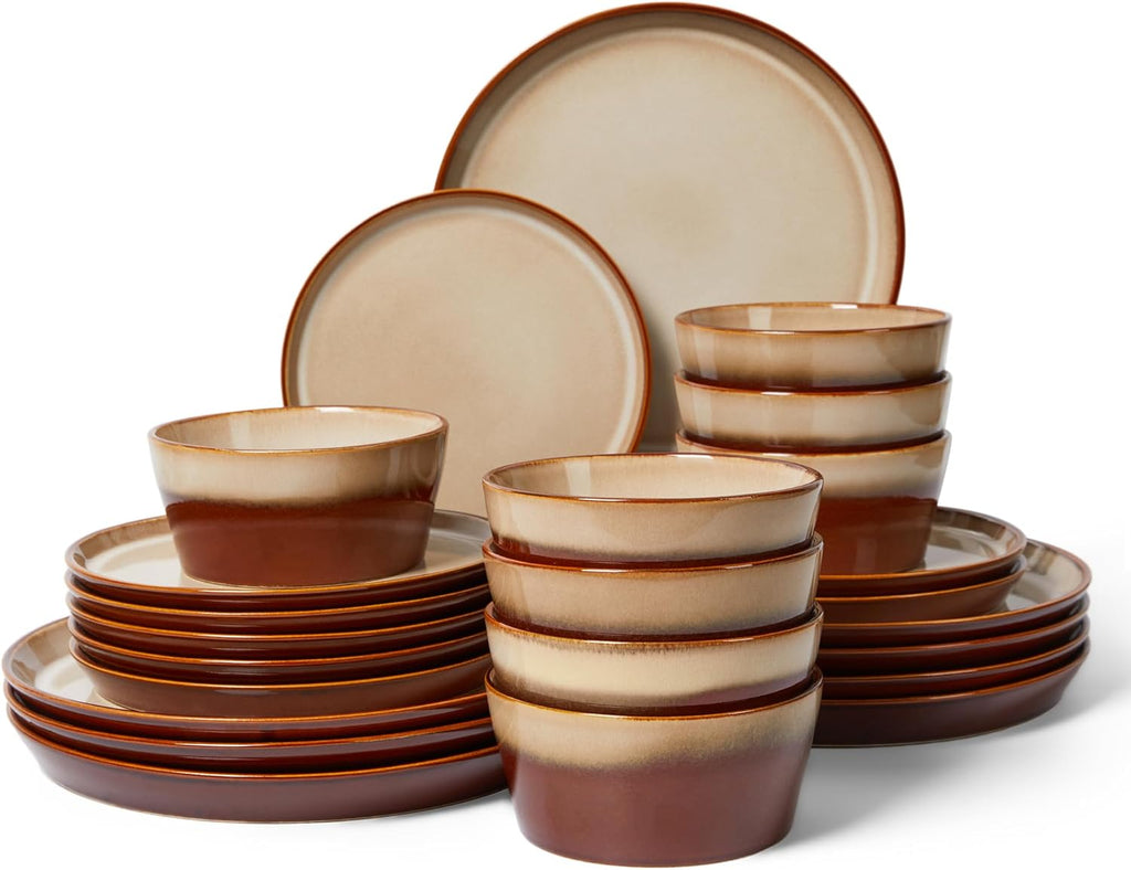 Pokini Dinnerware Set for 8, Ceramic Dish Sets, Plate and Bowl Set, Microwave & Dishwasher Safe Dishware Set, Chip & Scratch Resistant Dinner Set, One-of-a-Kind Design, Amber Brown