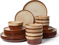 Pokini Dinnerware Set for 8, Ceramic Dish Sets, Plate and Bowl Set, Microwave & Dishwasher Safe Dishware Set, Chip & Scratch Resistant Dinner Set, One-of-a-Kind Design, Amber Brown
