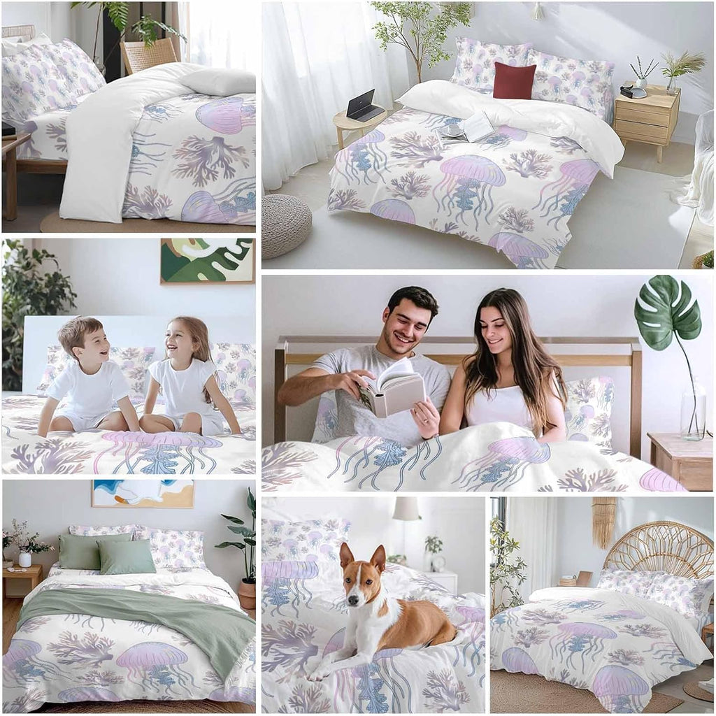 Prime Leader Jellyfish Coral Duvet Cover Set Queen Size 4 Pieces Dreamy Pink Purple Ocean Coastal Bedding Set with Zipper Closure, 1 Comforter Cover 90x92 Inches 1 Flat Sheet & 2 Pillow Cases