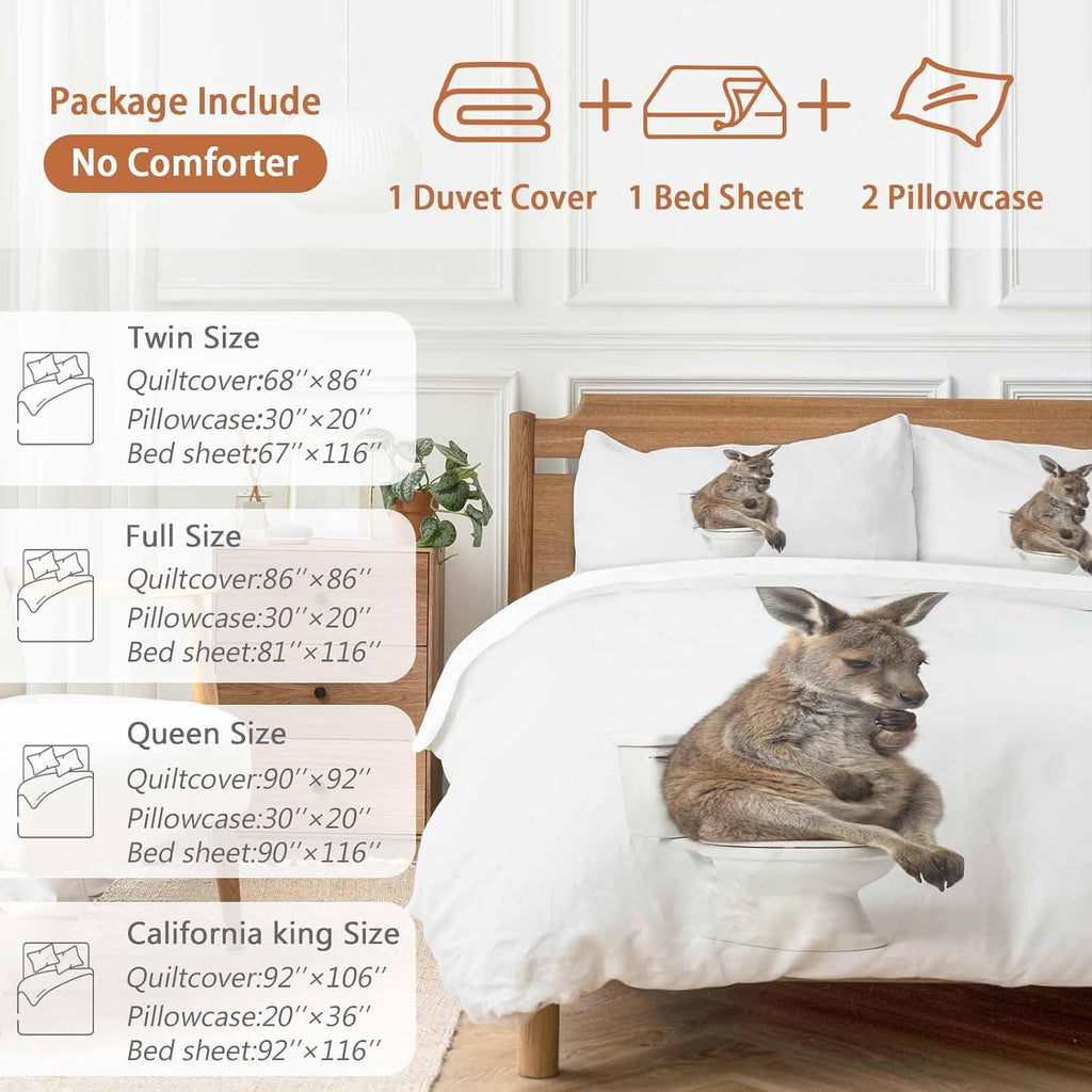 Kangaroo Sitting on The Toilet Thinking Duvet Cover Set Queen Size 4 Pieces Abstract Funny Animal Bedding Set with Zipper Closure, 1 Comforter Cover 90x92 Inches 1 Flat Sheet & 2 Pillow Cases