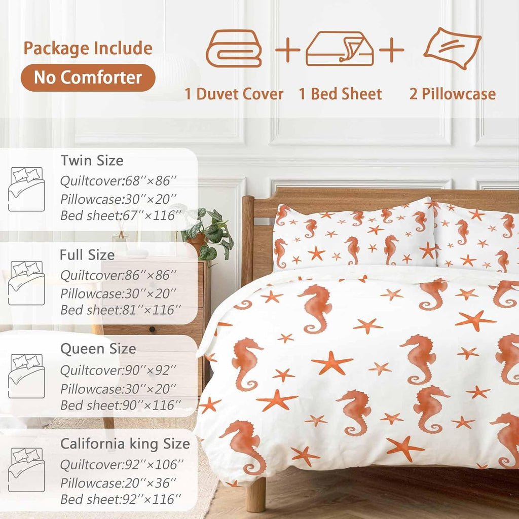 Orange Marine Life Duvet Cover Set Queen Size 4 Pieces Summer Seahorse and Starfish Ocean Theme Bedding Set with Zipper Closure, 1 Comforter Cover 90x92 Inches 1 Flat Sheet & 2 Pillow Cases