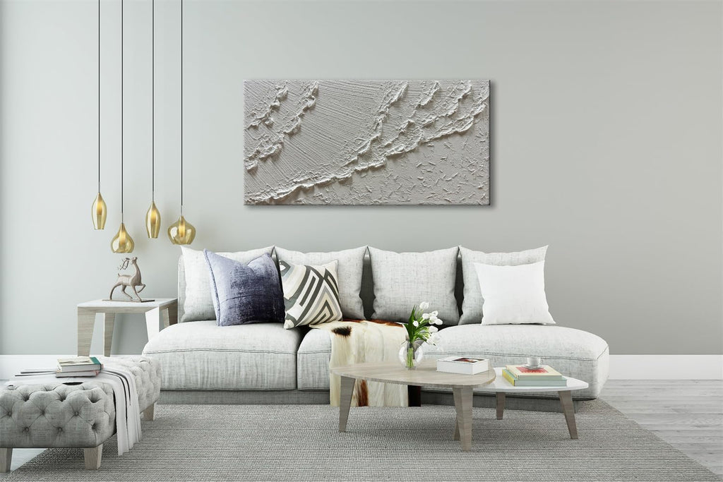 zoinart Hand Painted White Ocean Wave Wall Art 48x24 Inches Large Abstract Beach Textured Art 3D Modern Oil Paintings for Living Room Bedroom Wall Decor