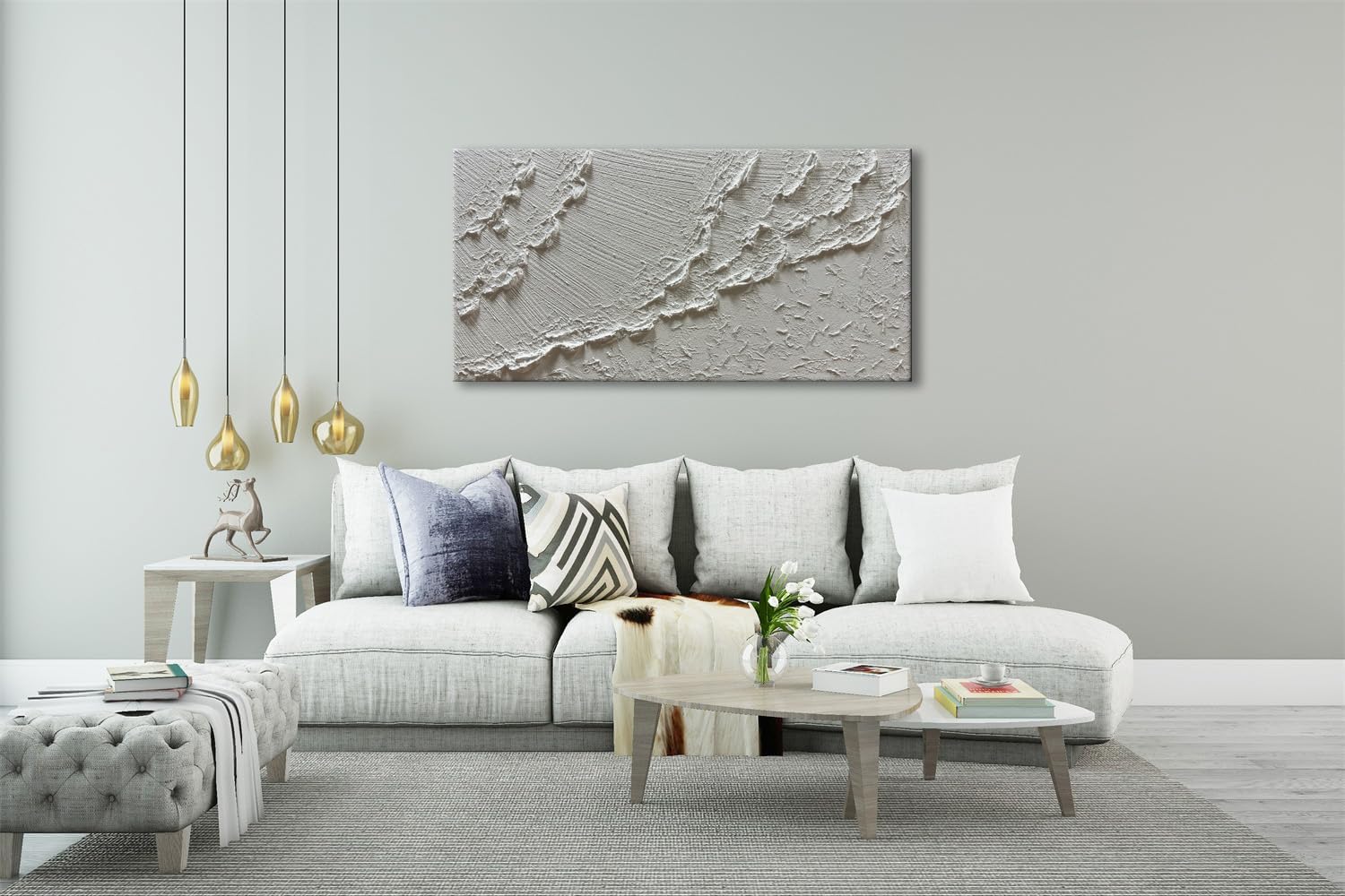 zoinart Hand Painted White Ocean Wave Wall Art 48x24 Inches Large Abstract Beach Textured Art 3D Modern Oil Paintings for Living Room Bedroom Wall Decor