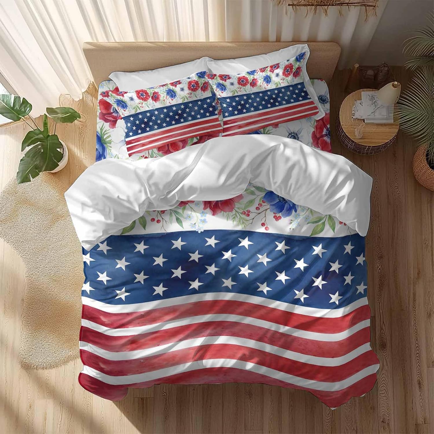 Independence Day Duvet Cover Set Queen Size 4 Pieces American Flag Red Blue Poppy Flower Country Bedding Set with Zipper Closure, 1 Comforter Cover 86x86 Inches 1 Flat Sheet & 2 Pillow Cases