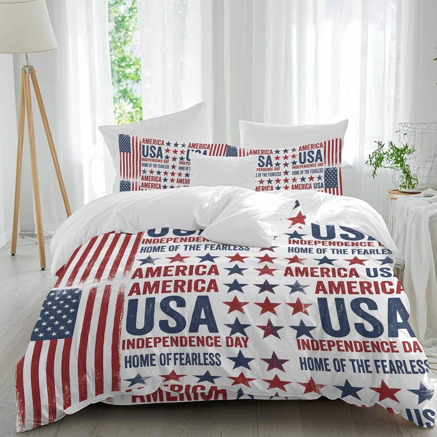 Independence Day Duvet Cover Set Queen Size 4 Pieces Retro American USA Flag Red Stripes Abstract Bedding Set with Zipper Closure, 1 Comforter Cover 86x86 Inches 1 Flat Sheet & 2 Pillow Cases