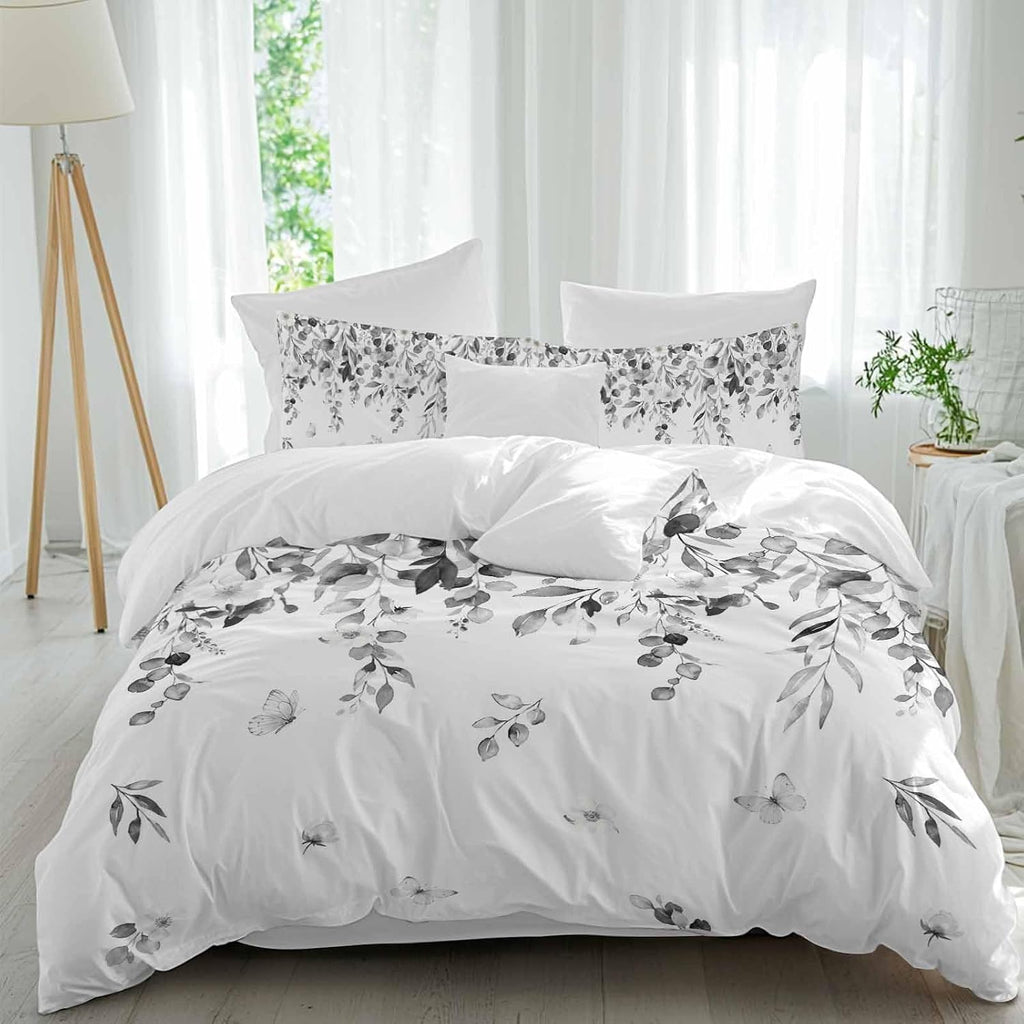 Summer Botanical Duvet Cover Set Queen Size 4 Pieces Gray Eucalyptus Leaves Rustic Farmhouse Pastoral Bedding Set with Zipper Closure, 1 Comforter Cover 90x92 Inches 1 Flat Sheet & 2 Pillow Cases