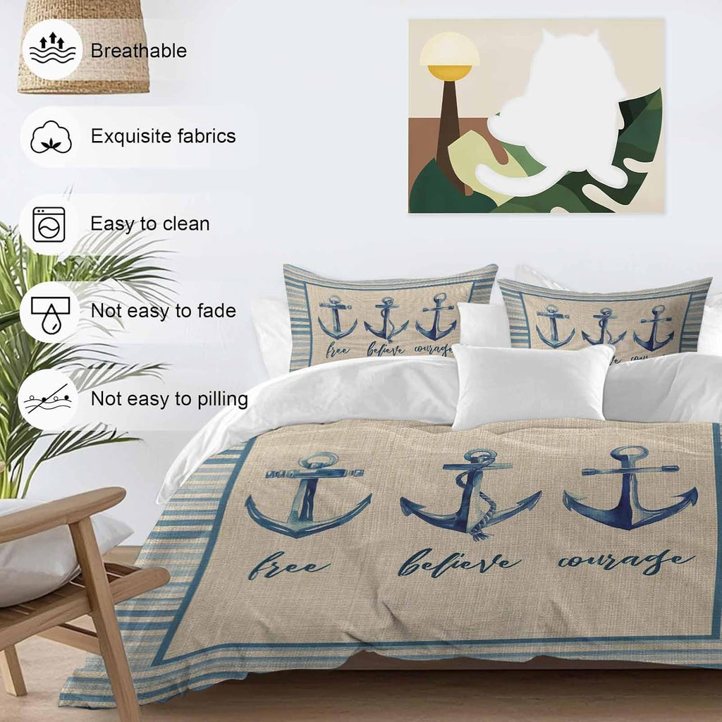 Summer Ocean Duvet Cover Set Queen Size 4 Pieces Blue Stripes Anchor Free Believe Courage Linen Bedding Set with Zipper Closure, 1 Comforter Cover 86x86 Inches 1 Flat Sheet & 2 Pillow Cases