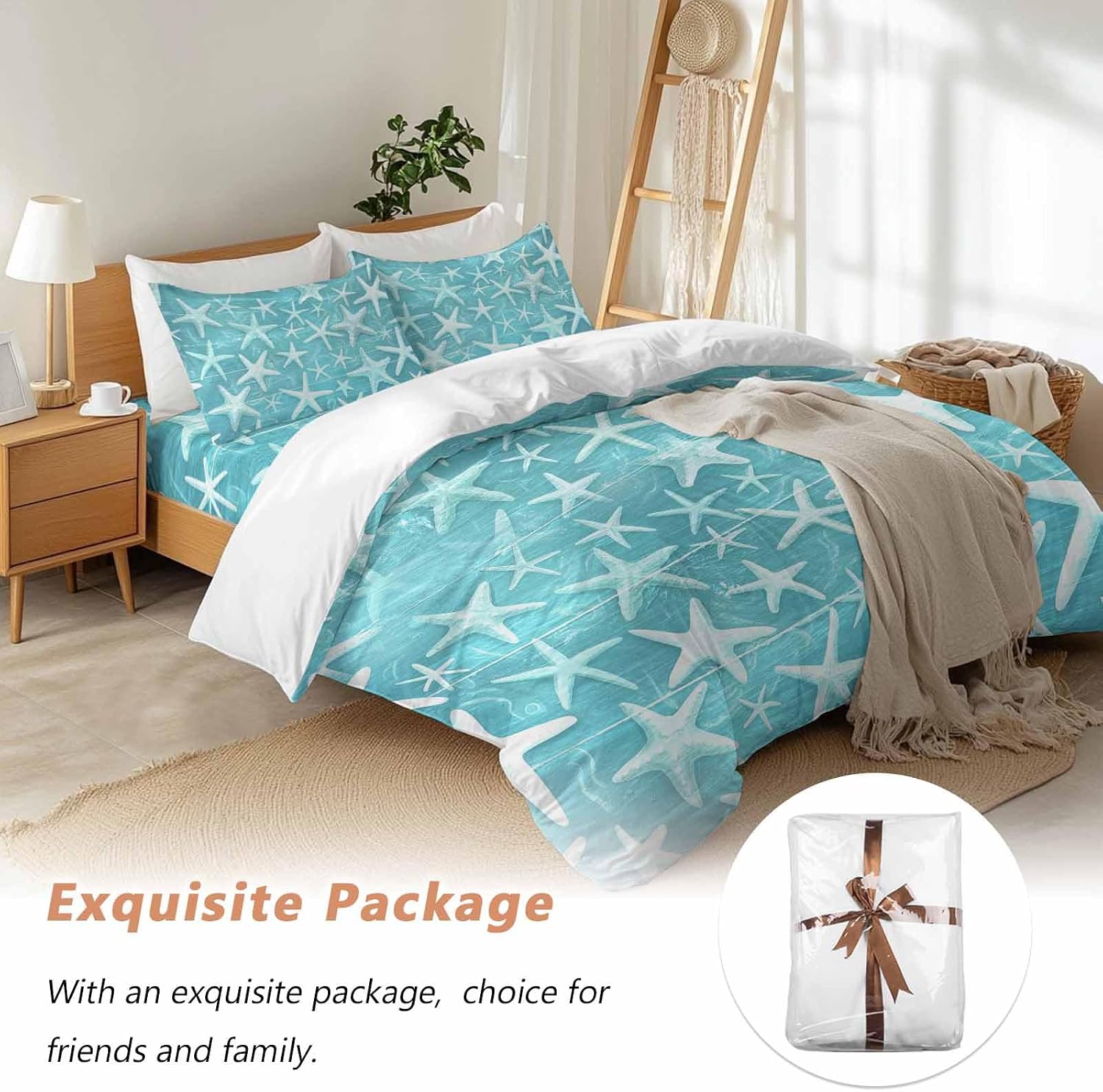 Summer Duvet Cover Set Queen Size 4 Pieces Coastal Watercolor Teal White Sea Starfish Wood Grain Bedding Set with Zipper Closure, 1 Comforter Cover 92x106 Inches 1 Flat Sheet & 2 Pillow Cases