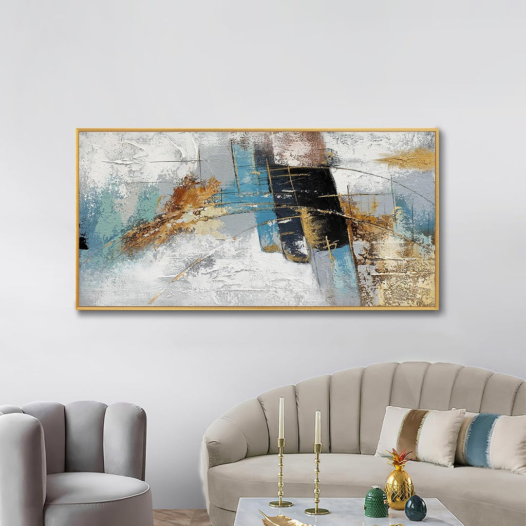 Large 100% Handmade Abstract Oil Painting with Frame Modern Original Hand Painted Heavy Textured Wall Painting Blue Gold Grey Canvas Wall Art Wall Decor for Living Room Bedroom Office Hang 60x30 inch