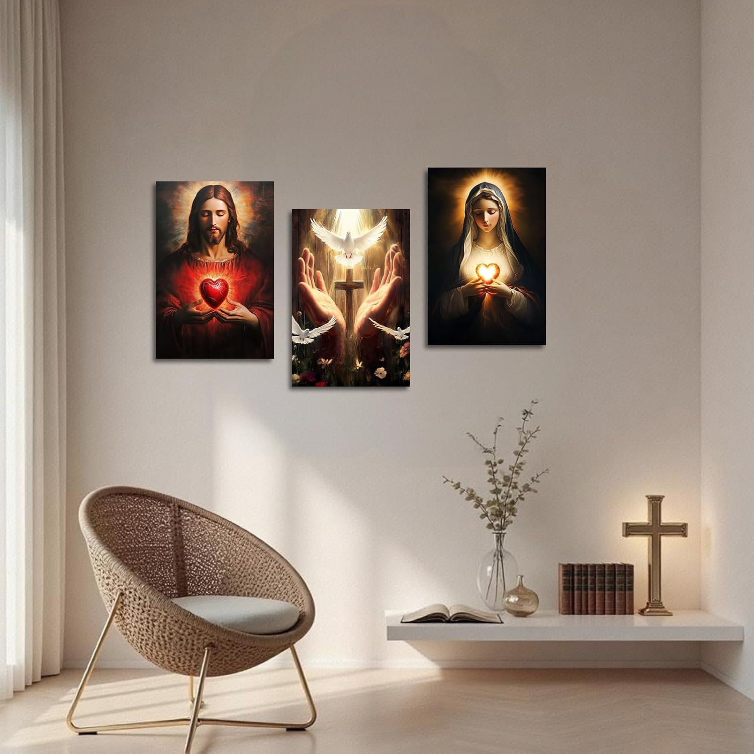YMXDYMJSW Sacred Heart Wall Art 3 Pieces Jesus Mary Portrait Pictures Christian Catholic Canvas Prints Cross Dove of Peace Paintings for Church Decor Frame (Red,24.00' x 36.00' x 3PCS)