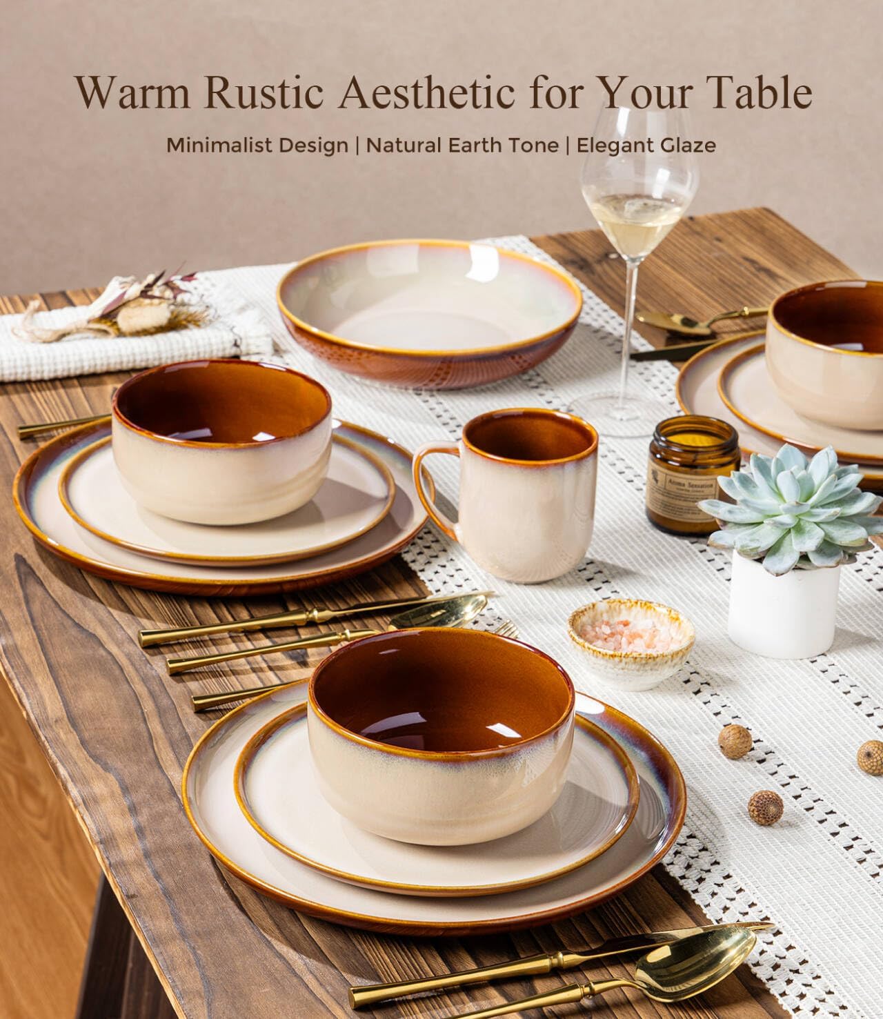 LERATIO Ceramic Dinnerware Sets with Pasta Bowls for 4,Plates and Bowls Sets,Oven &Microwave & Dishwasher Safe,Light Weight & Scratch Resistant Dishes Sets-Service for 4 (16pcs)-Kahki
