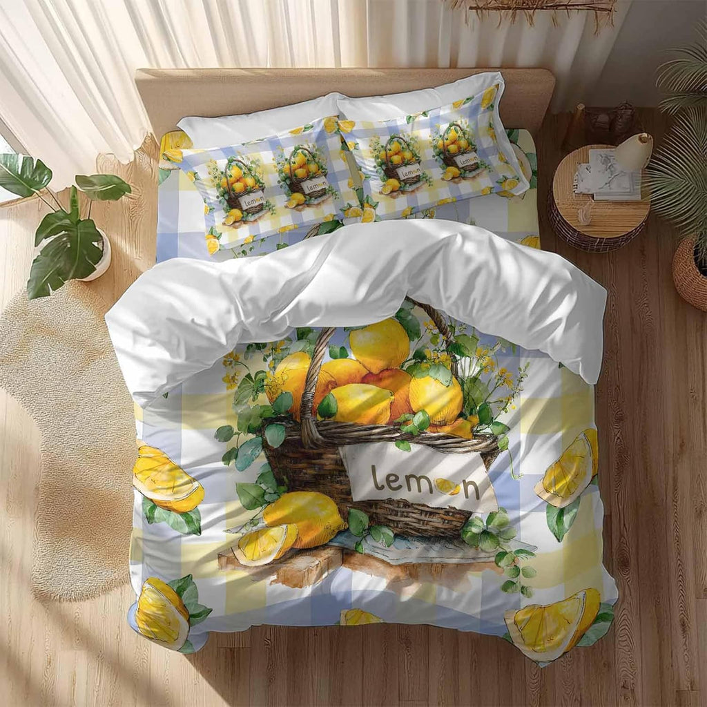 Summer Fruit Duvet Cover Set Queen Size 4 Pieces Watercolor Lemon Frame Letter Print Blue Yellow Plaid Bedding Set with Zipper Closure, 1 Comforter Cover 90x92 Inches 1 Flat Sheet & 2 Pillow Cases