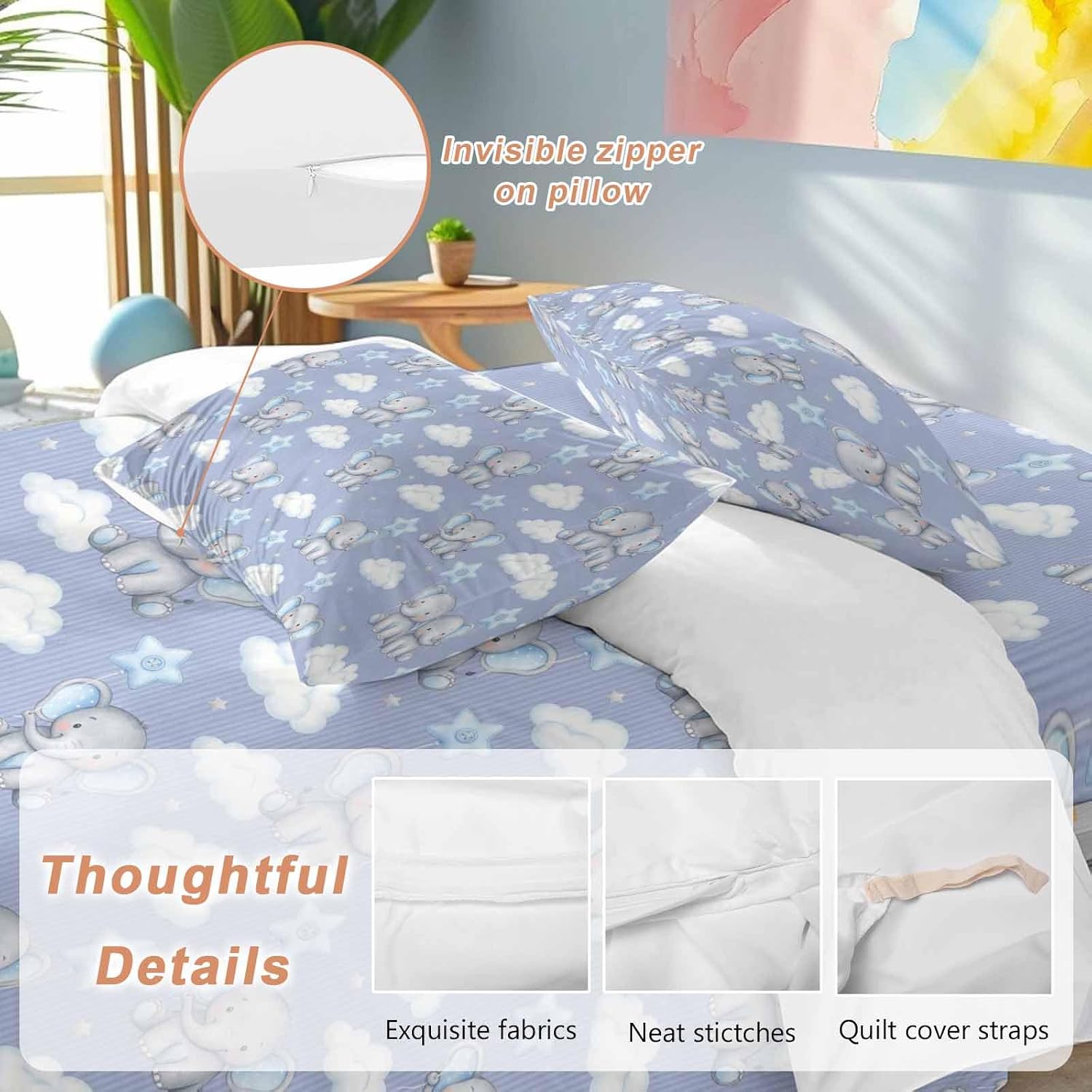 Blue Dreamy Elephant Duvet Cover Set Queen Size 4 Pieces Cartoon Animal Cloud Stars Fairytale Style Bedding Set with Zipper Closure, 1 Comforter Cover 90x92 Inches 1 Flat Sheet & 2 Pillow Cases