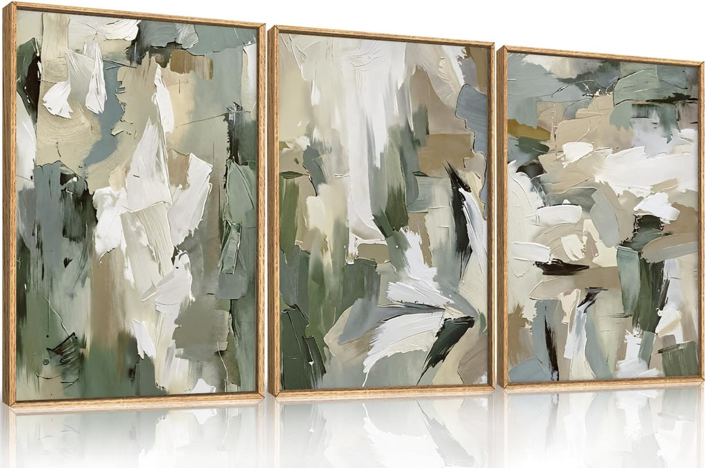 Large Abstract Green Beige Framed Canvas Wall Art Set,Neutral Brush Stroke Watercolor Wall Painting,Modern Minimalist Artwork for Living Room,Bedroom,Dining Room,Office -24'x36'x3