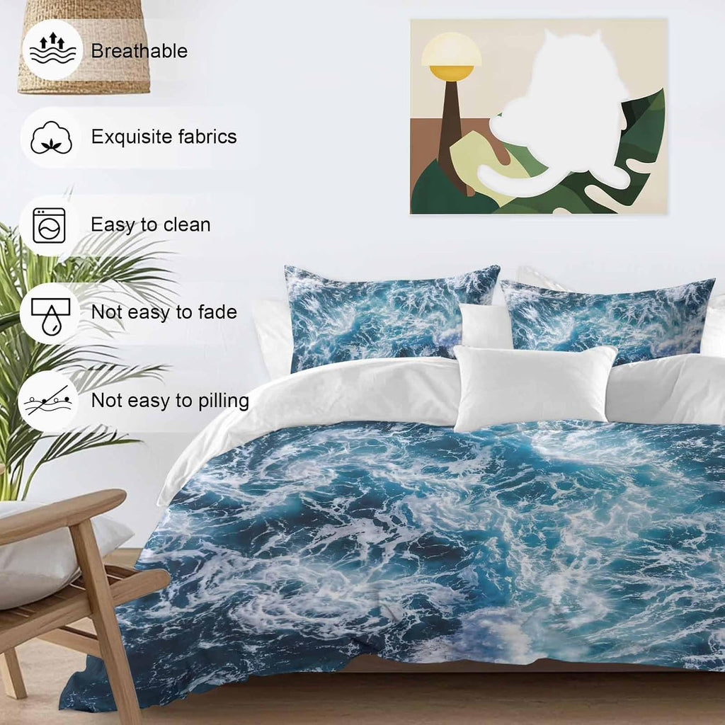 Dark Blue Ocean Scenery Duvet Cover Set Queen Size 4 Pieces Ombre Sea Waves Natural Modern Art Bedding Set with Zipper Closure, 1 Comforter Cover 86x86 Inches 1 Flat Sheet & 2 Pillow Cases