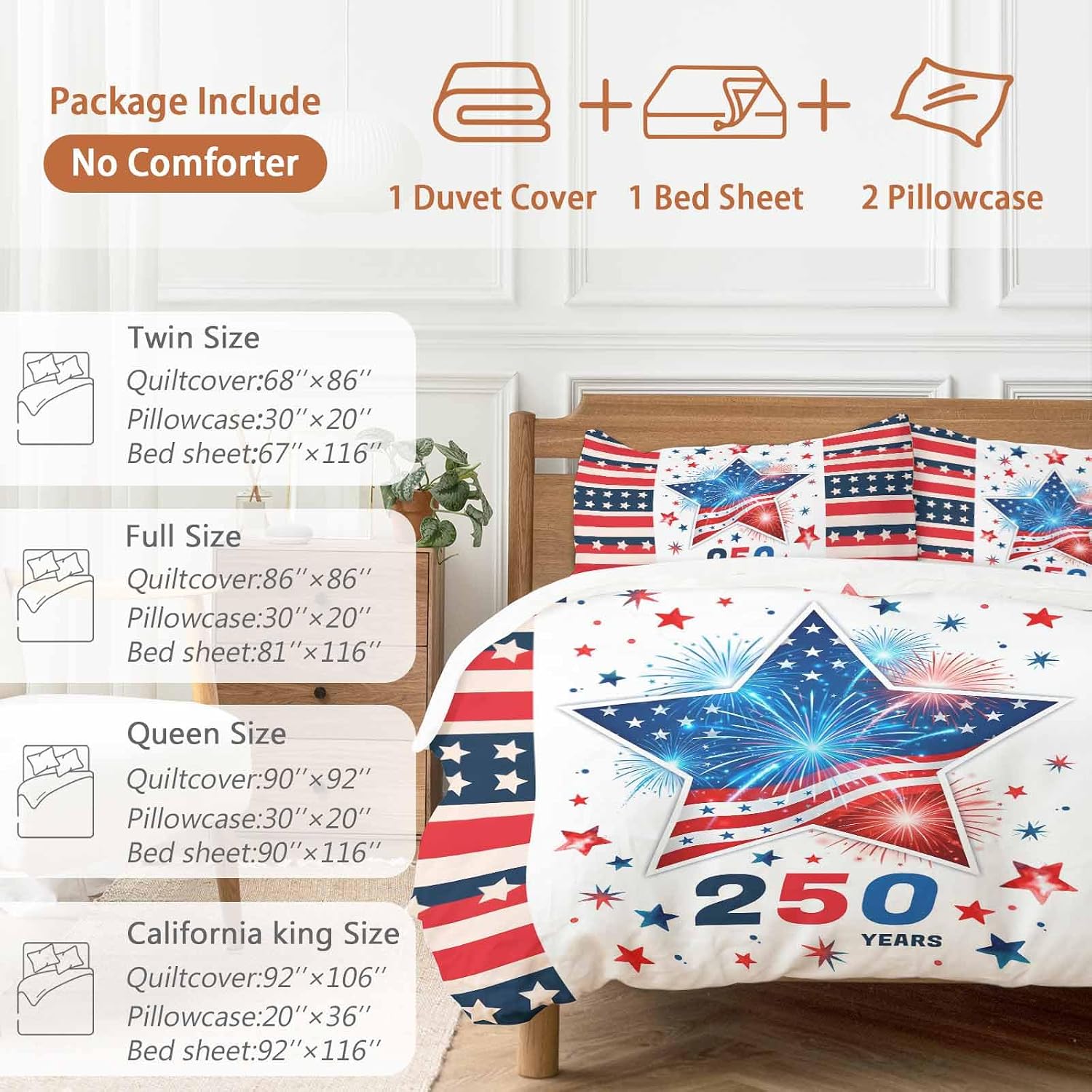 Independence Day Duvet Cover Set Queen Size 4 Pieces 250th Years US Flag Red Blue Star Fireworks Bedding Set with Zipper Closure, 1 Comforter Cover 86x86 Inches 1 Flat Sheet & 2 Pillow Cases