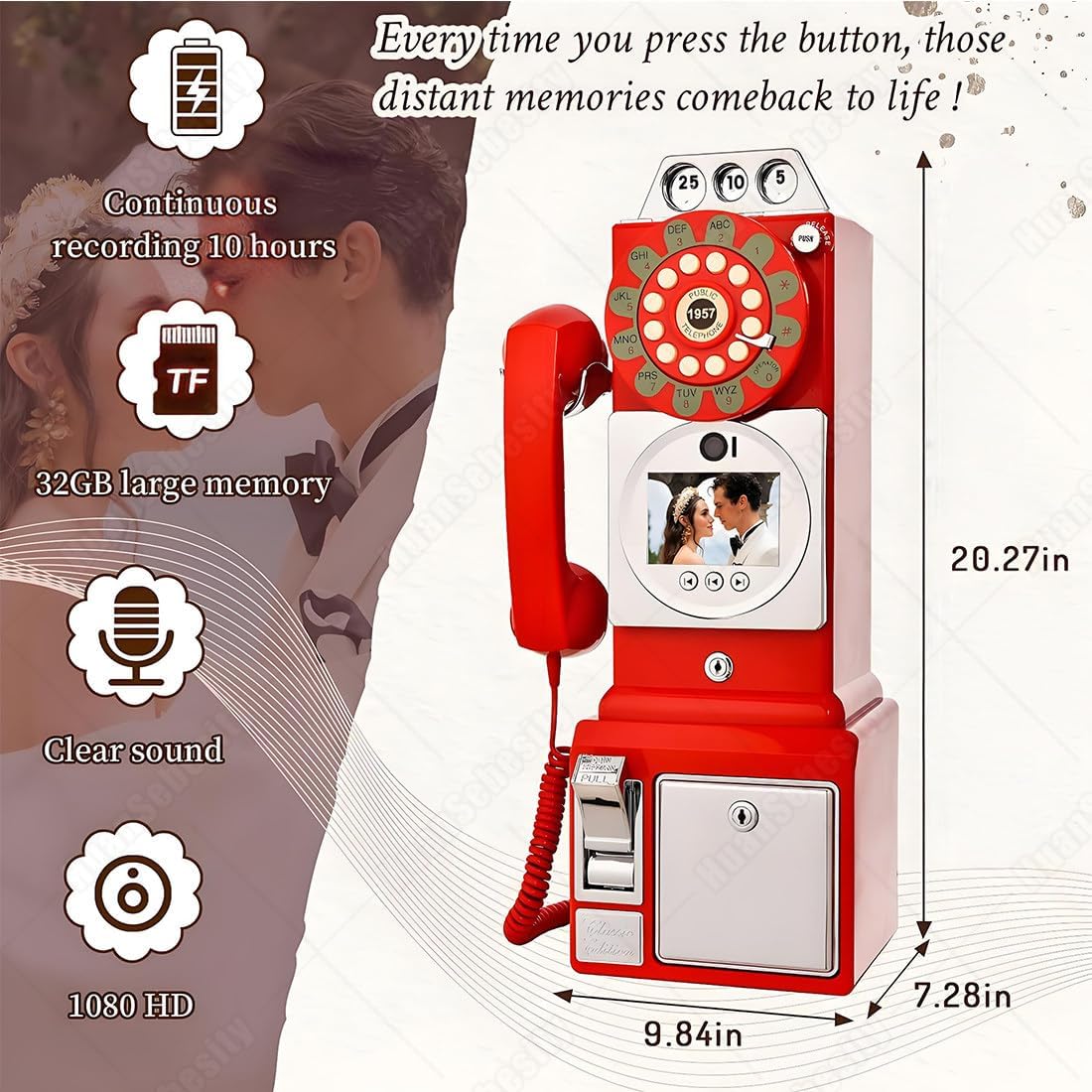 Audio Guest Book Wedding Phone,Record Customized Audio Message with Guest Book Retro Phone Audio Guestbook,Easy to Use and Creative Recording Solution Red