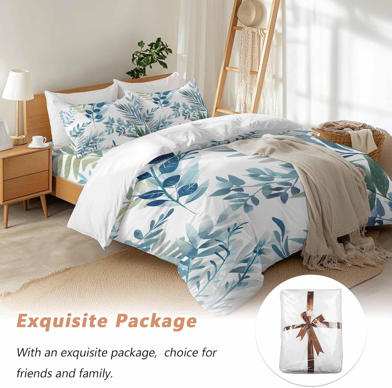 Spring Leaves Duvet Cover Set Queen Size 4 Pieces Watercolor Blue Green Leaf Plant Branch Bedding Set with Zipper Closure, 1 Comforter Cover 90x92 Inches 1 Flat Sheet & 2 Pillow Cases