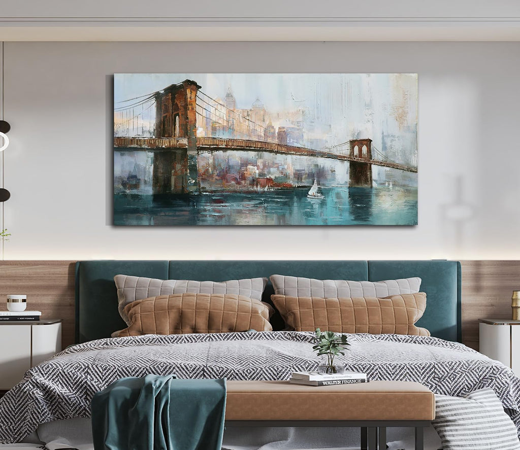 Acocifi New York Brooklyn Bridge Canvas Wall Art for Living Room 58'x29', Modern NYC Skyline Painting Abstract Cityscape Picture, Large Textured Artwork Framed for Bedroom Men Office Home Decor