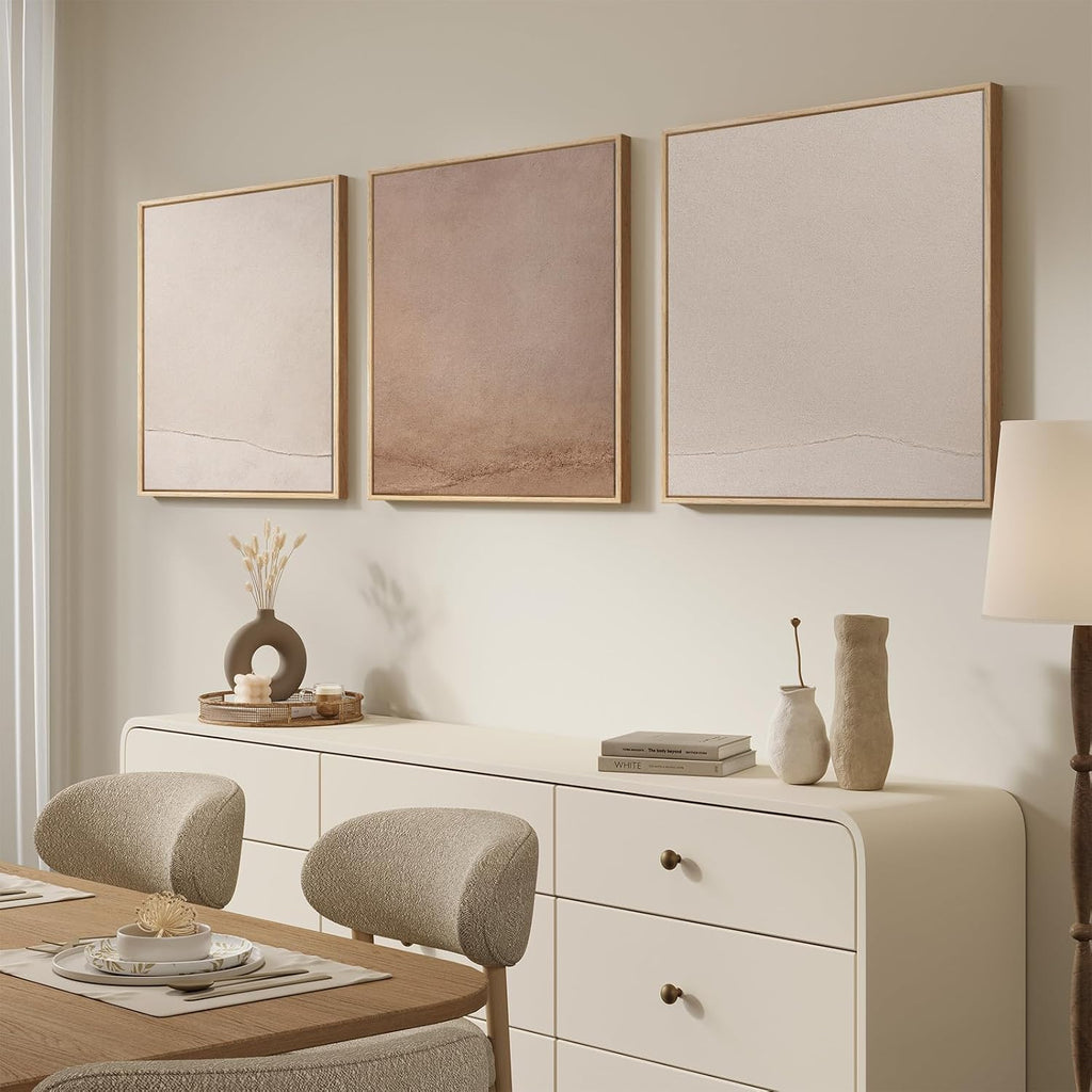Large Framed Minimalist Abstract Wall Art for Living Room, 3 Piece Big Modern Neutral Canvas Prints Artwork for Walls, Earth Tone Pictures for Bedroom, Office Wall Decor, 24x24 Inch