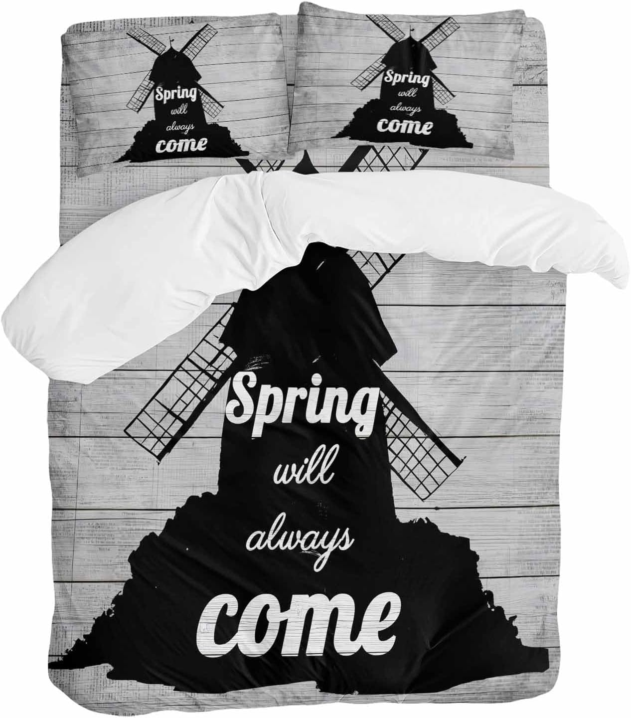 Black Windmill Duvet Cover Set Queen Size 4 Pieces Spring Will Always Come Letters Gray Wood Grain Bedding Set with Zipper Closure, 1 Comforter Cover 90x92 Inches 1 Flat Sheet & 2 Pillow Cases