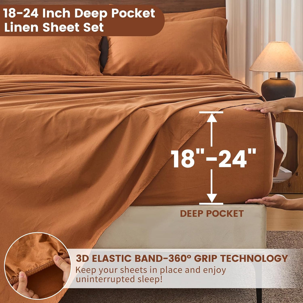 Bedlifes 100% French Flax Linen Sheets Set Queen Size - 6 Piece Extra Deep Pocket 18-24',Soft Breathable Queen Bed Sheets with Temperature Regulating & Moisture-Wicking(Brown