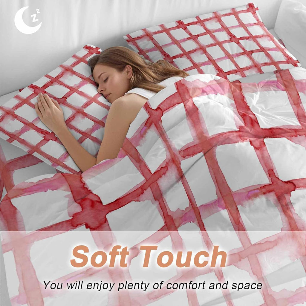 Retro Red Checkered Duvet Cover Set Queen Size 4 Pieces Watercolor Lines Geometric Minimalist Bedding Set with Zipper Closure, 1 Comforter Cover 86x86 Inches 1 Flat Sheet & 2 Pillow Cases