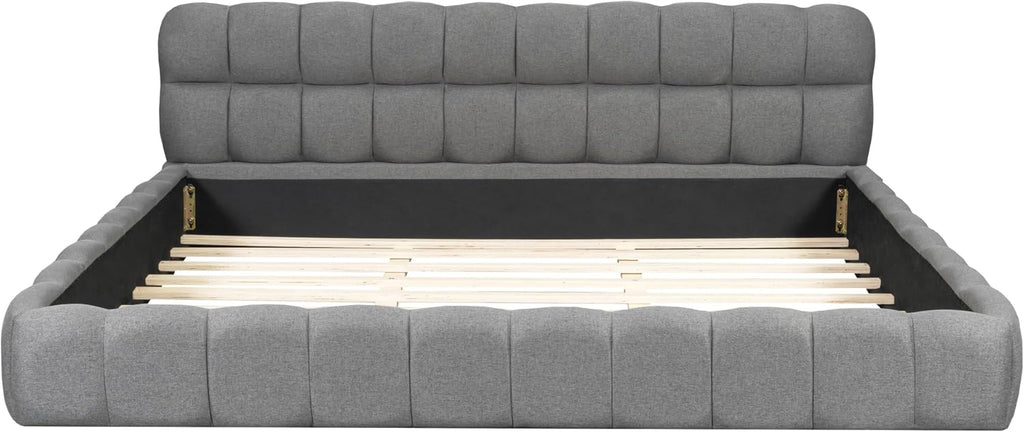 GOWE King Size Upholstered Platform Bed with Thick Fabric, Grounded Bed with Solid Frame, Gray