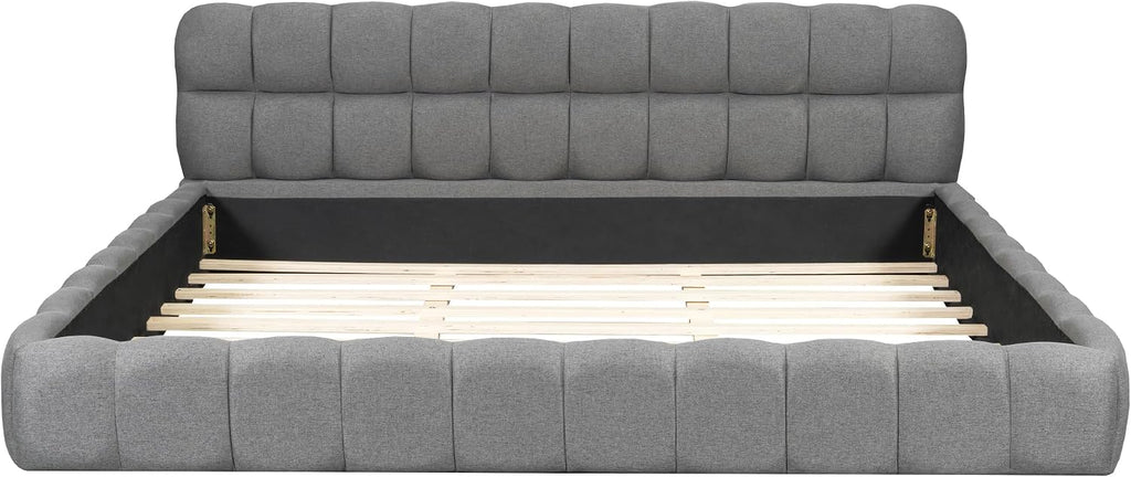 King Size Upholstered Platform Bed with Thick Fabric, Grounded Bed with Solid Frame, Gray
