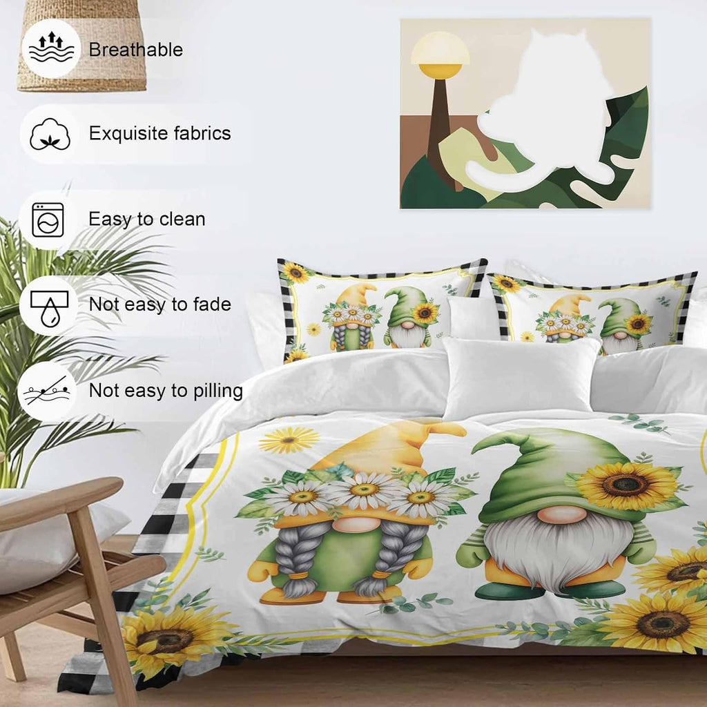 Prime Leader Summer Dwarfs Duvet Cover Set Queen Size 4 Pieces Yellow Sunflower Daisy Black Plaid Field Bedding Set with Zipper Closure, 1 Comforter Cover 90x92 Inches 1 Flat Sheet & 2 Pillow Cases